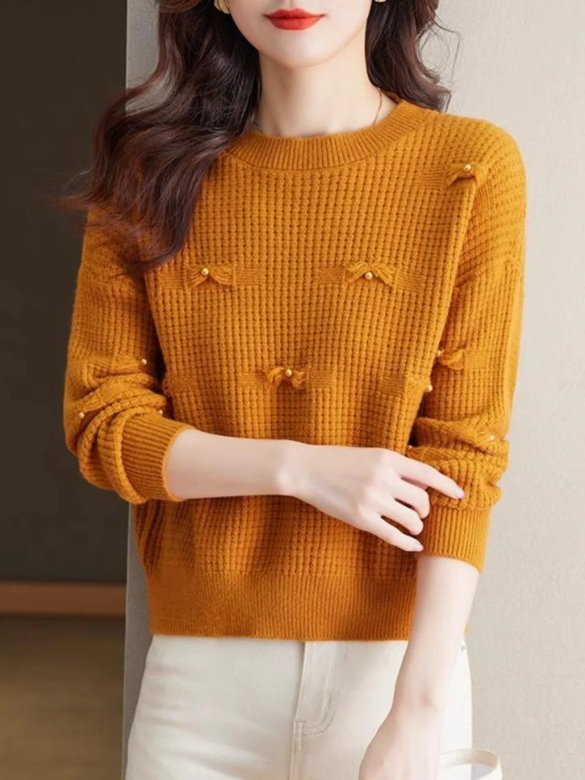 

Spring Autumn Women's round Ne Knitwear Loose High Waist ort Sle Faionable Inner Wear Base irt Top Quali Material