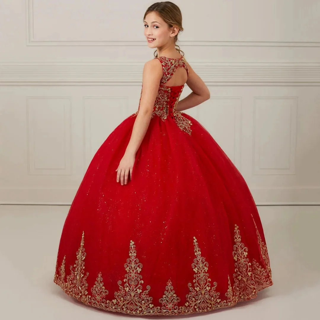 

Customized Red Flower Girl Dress For Wedding Gold Appliques Glitter Elegant Kids Bridesmaid Birthday Party Formal Occasion Gown
