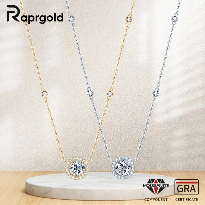 

RAPRGOLD 6,5 мм муассанит круглое ожерелье с подвеской в виде ореола для женщин настоящие цепочки из стерлингового серебра S925 свадебная шея ювелирные изделия подарки