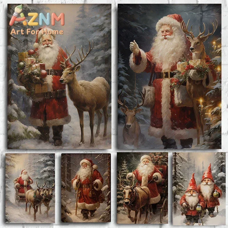 AZNM Vintage Santa Claus Christmas Canvas Wall Art, Snowy Forest Reindeer Gnome Winter Print, Classic Xmas Holiday Poster, Unfra