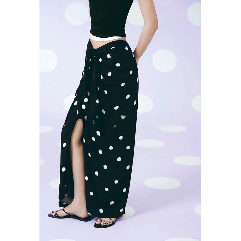 

Summer Women's Midi Skirt Polka Dot Print Asymmetrical Hem Wrap Sle Knot High Waist A-Line Loose Fit Commute Sle