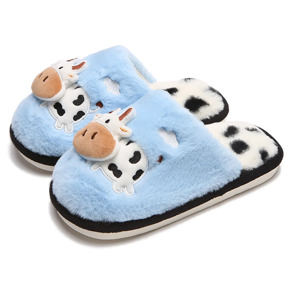 

Unisex Cute Soft Cotton Home Slippers with Cow Print Indoor Anti-Slip Winter Warm Couple Household Furry Ladies Slippers ﻿