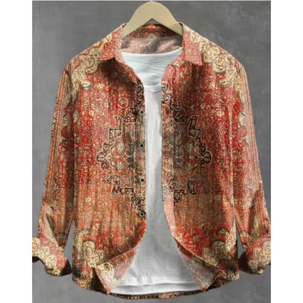 

Linen pattern shirt Men's comfortable casual ethnic pattern round neck shirt