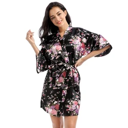 Quimono de cetim floral feminino, vestido de noiva, roupa de dormir, robe de casamento