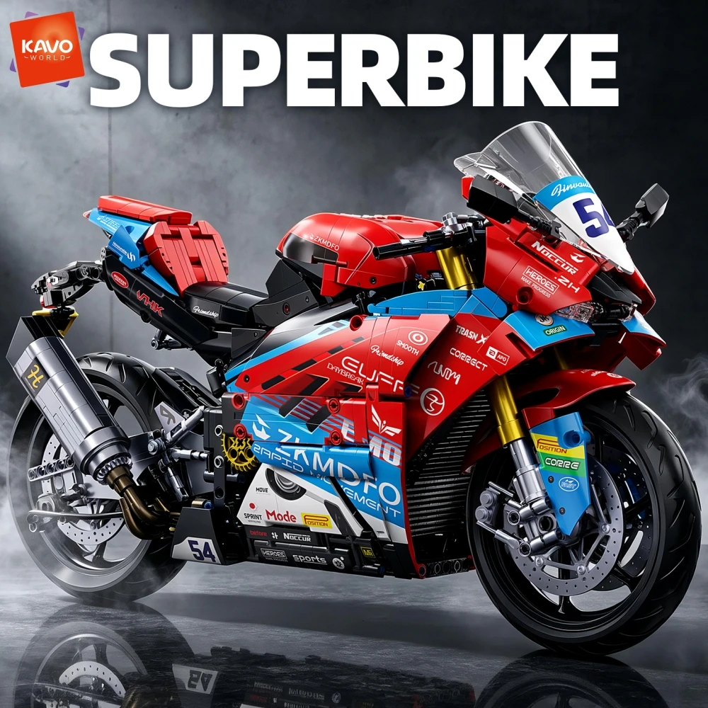KAVOWORLD 19in Large Realistic Track Racing Motorcycle Building Blocks Toy 1840pcs 1:5 Scale Superbike Building Bricks Rubber Tires & Chain Drive DIY Sport Touring Bike Replica Assembly Bricks Set for Man Cave Party Black Friday Christmas Birthday Gifts