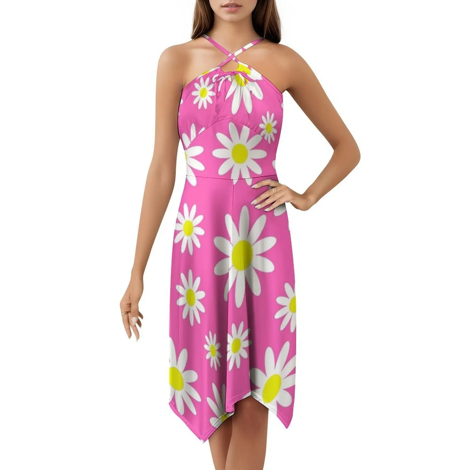 الوردي الإقحوانات ديزي الأزهار البوهيمي فستان بلا أكمام متعدد طباعة شاطئ عطلة فستان الحفلات الوردي الإقحوان ديزي الأزهار ديزي