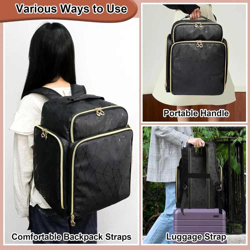 حقيبة ظهر كبيرة جدًا لتنظيم طلاء الأظافر تحمل 126 زجاجة ومصباح، محمولة مع حافظات قابلة للإزالة للسفر