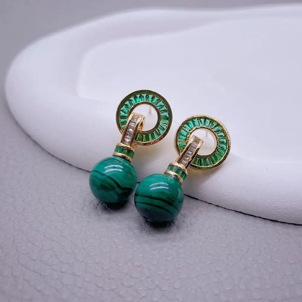 Orecchini a goccia con pietre preziose verdi naturali Y-YING Malachite Round Cz Pave Stud