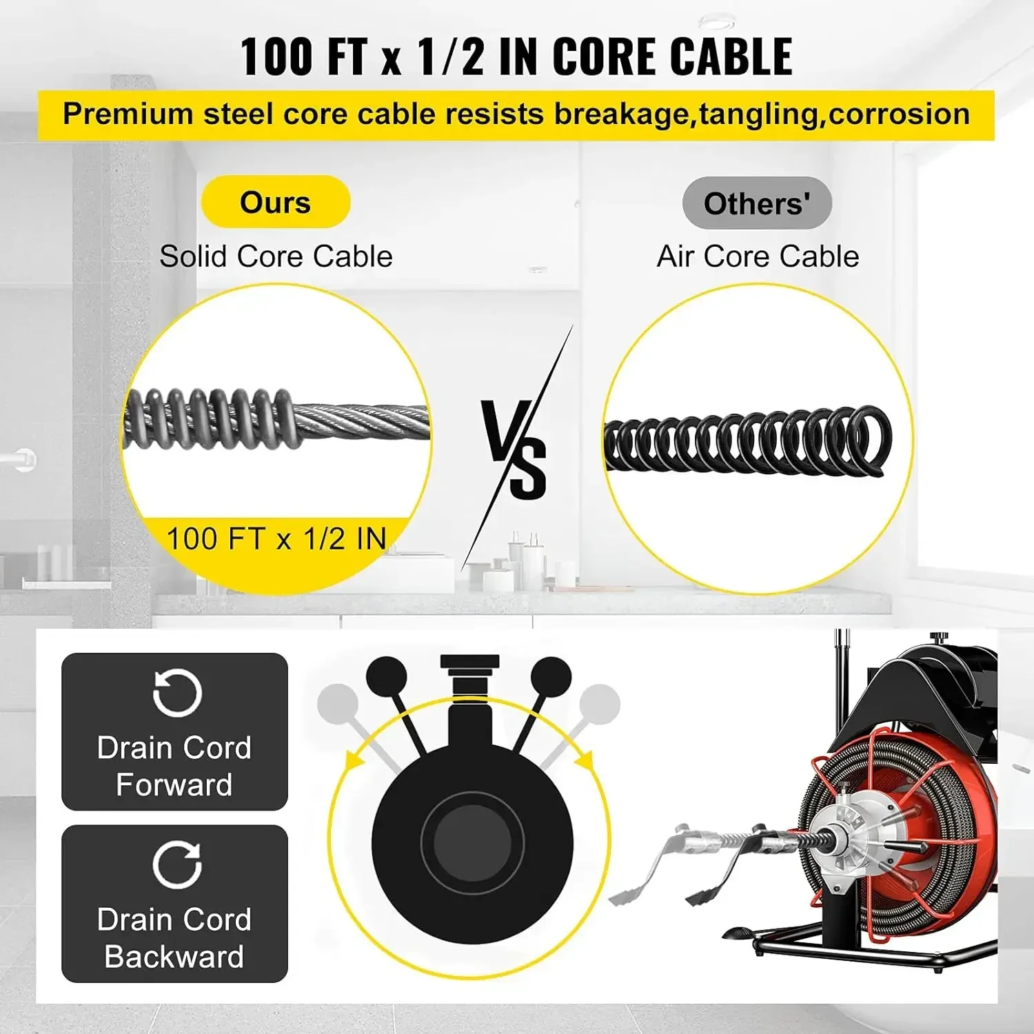 Máquina de limpeza de drenagem, esgoto cobra Auger Cleaner com 4 cortadores, interruptor de pé ativado por ar, 100FT x 1/2 Polegada, 550W