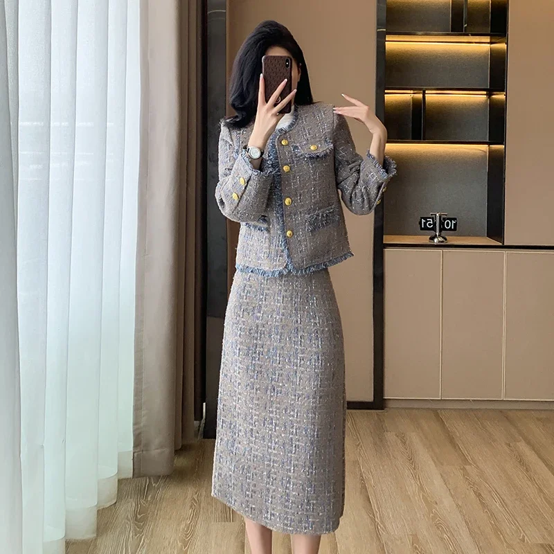 2025 ใหม่ชุดกระโปรงเสื้อผ้าผู้หญิง Tweed ภาษาฝรั่งเศสคํา Socialite Elegant Woolen สั้นเสื้อ + กระโปรง 2 ชิ้นชุดหญิง office lady