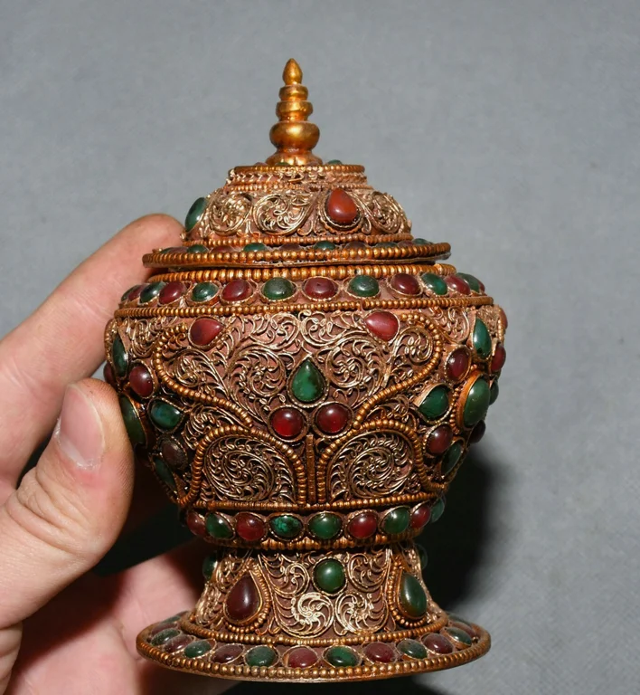 5'' Old Tibet Pure Copper Filigree Gilt Inlay Gems Flower Pattern Pot Jar Crock