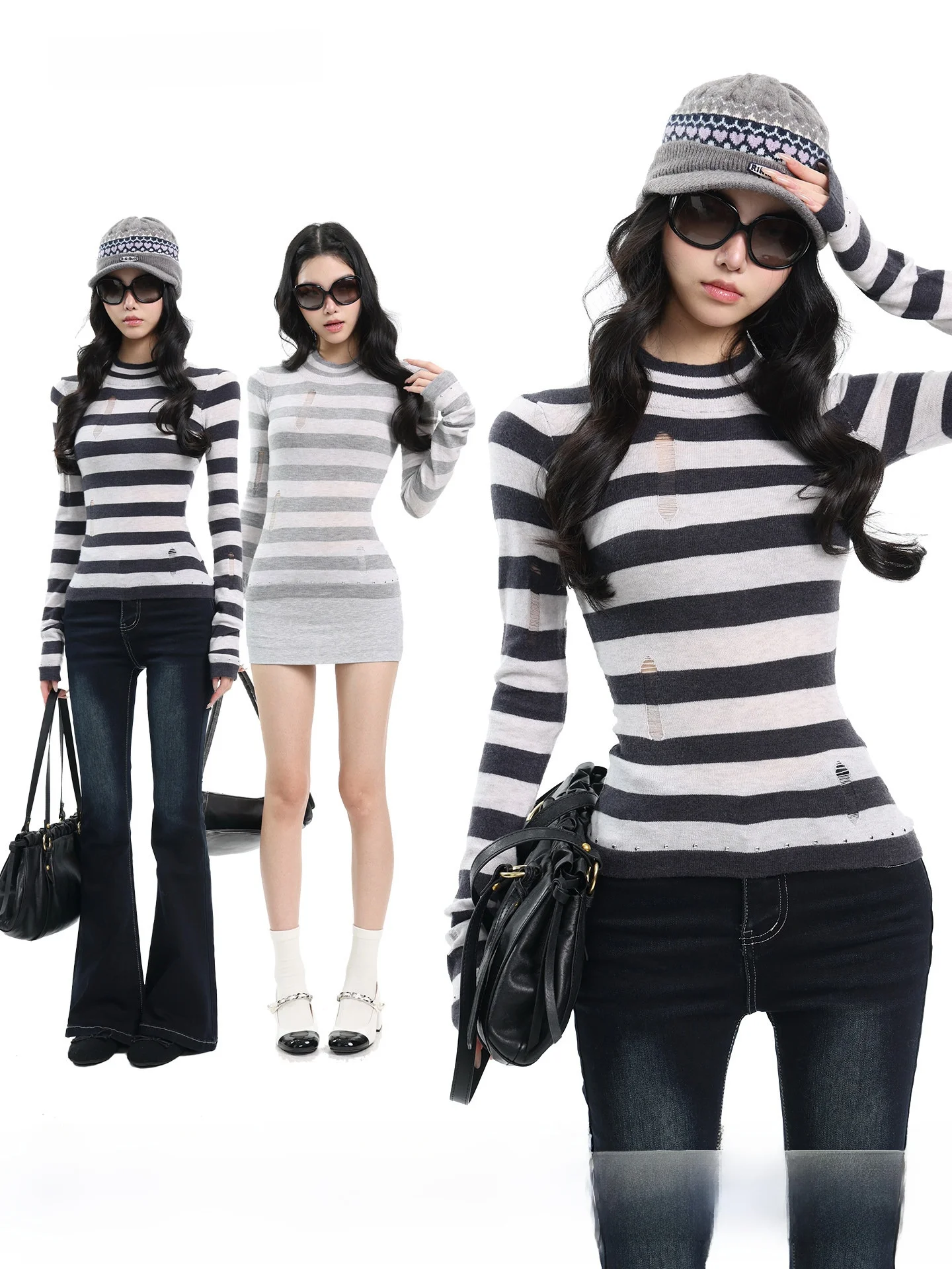 

UNCMHISEX American Retro Striped Long Sve round Ne T-irt Women's Spring Slim Fit oulder Knitted Top Commute Sle