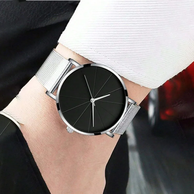 Mens Fashion Business Quartz Wristwatch Fashion 2Pcs Men Watch Stainless Steel Mesh Belt Men Luxury Silver Bracelet Watches