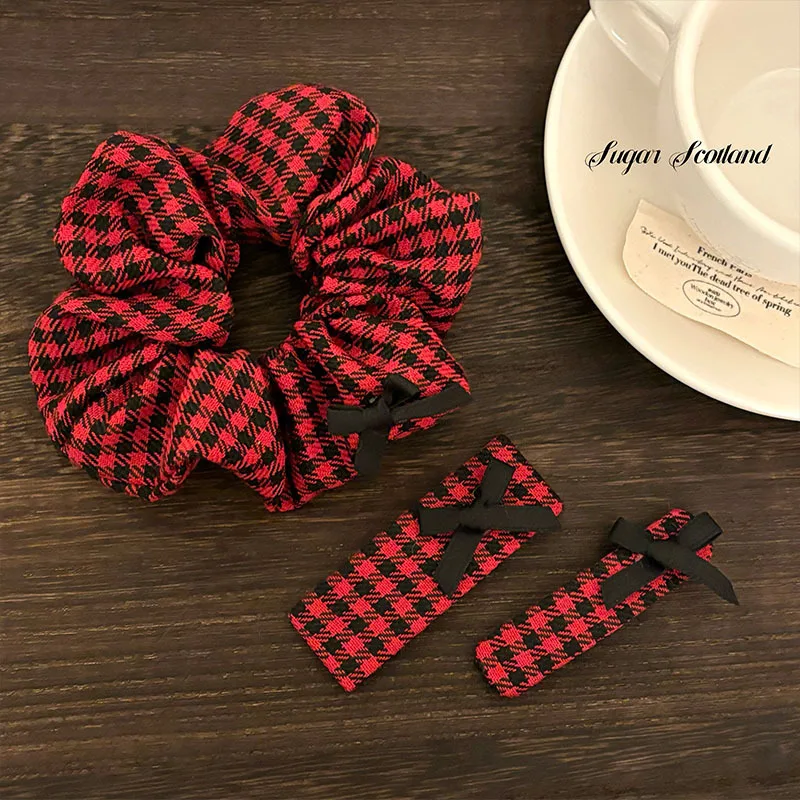 England Red Plaid Barrettes Women's Bow Hair Clip Barrettes Bang Hairpin Low Ponytail Large Intestine Hair Band Rubber Band