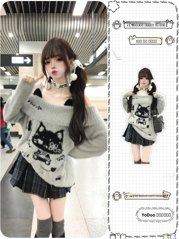 

Loose Knitted oulder Bared Devil Sle Sweater Soft Polyester Fiber Long Sve Warm Casual Wear for Women Spring Autumn
