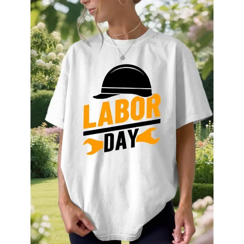 

Labor Day T-Shirt Hard Hat Wrench Print Tee Unisex Cotton Short Sleeve Top Worker Appreciation Gift Labor Day Celebration