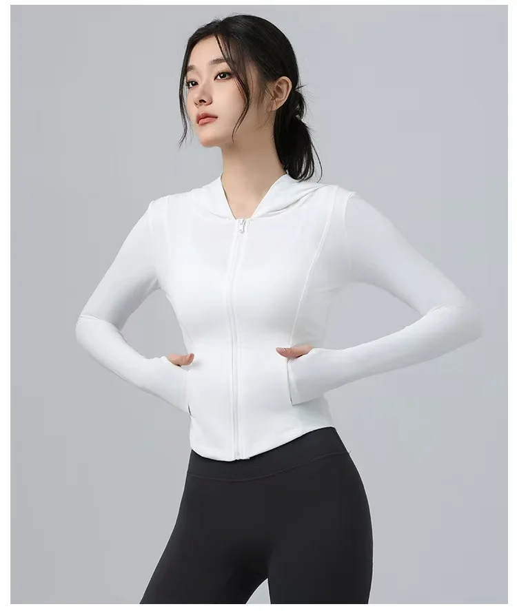 Summer Yoga Suit Jacket Zipper Long Sleeved Hooded Pocket Outdoor Running Quick Drying Sports Sun Protection for Women