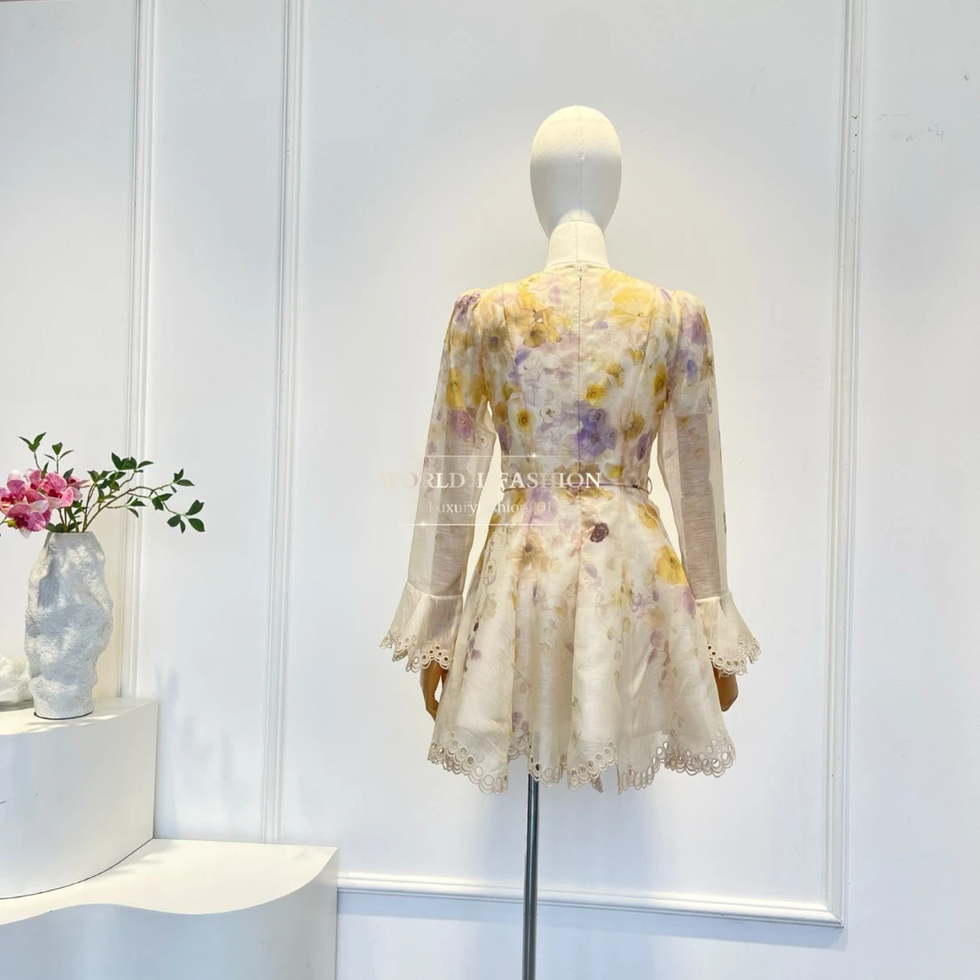 Elegant Woman Clothes New Beige Violet Floral Print Embroidery Long Sleeve V Neck Scallop Midi Dress