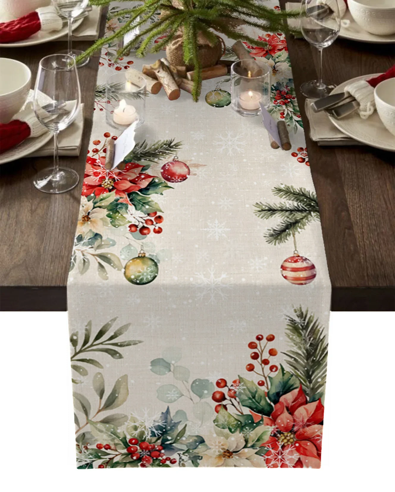 Christmas Poinsettia Balls Fir Leaves Linen Table Runners Wedding Decor Reusable Xmas Dining Table Runners Navidad Decorations