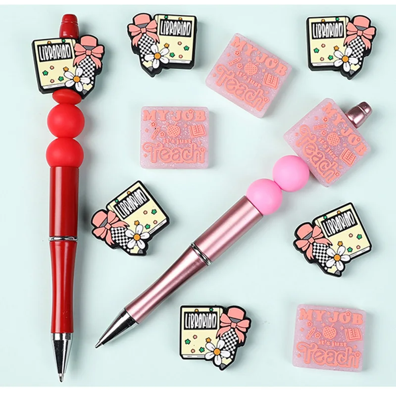 10PCSTeacher Librarian Theme Silicone Focal Beads Book Silicone Beads DIY Beadable Pen Keychain Jewelry Making Accessories
