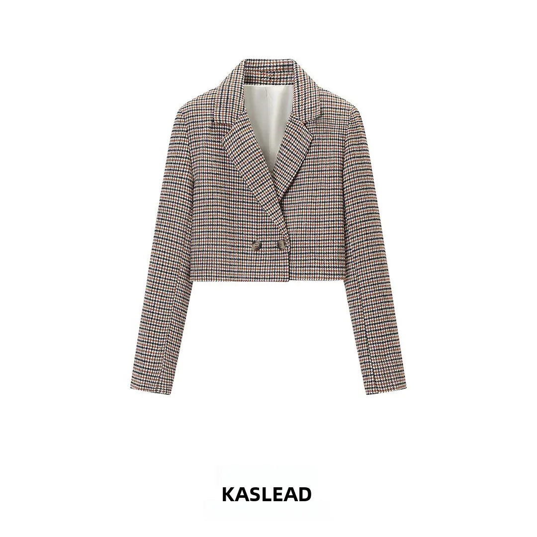 KASLEAD New Women's Fashion High-End Small Grid Short Sleeve Long Coat European Style Double Breasted Polyester Fiber