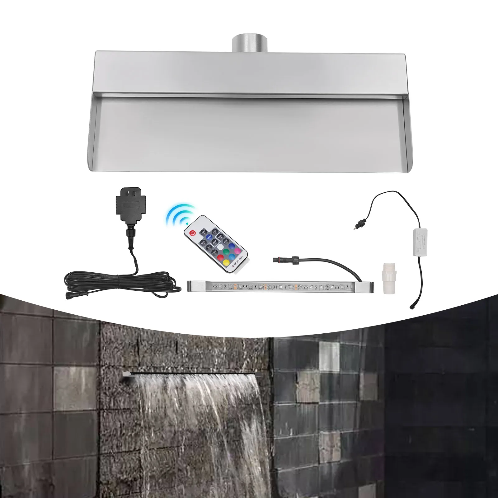

LED Pool Waterfall Fountain 7-Color RGB Lighting, Remote Control, 304 Stainless Steel for Ponds & Gardens