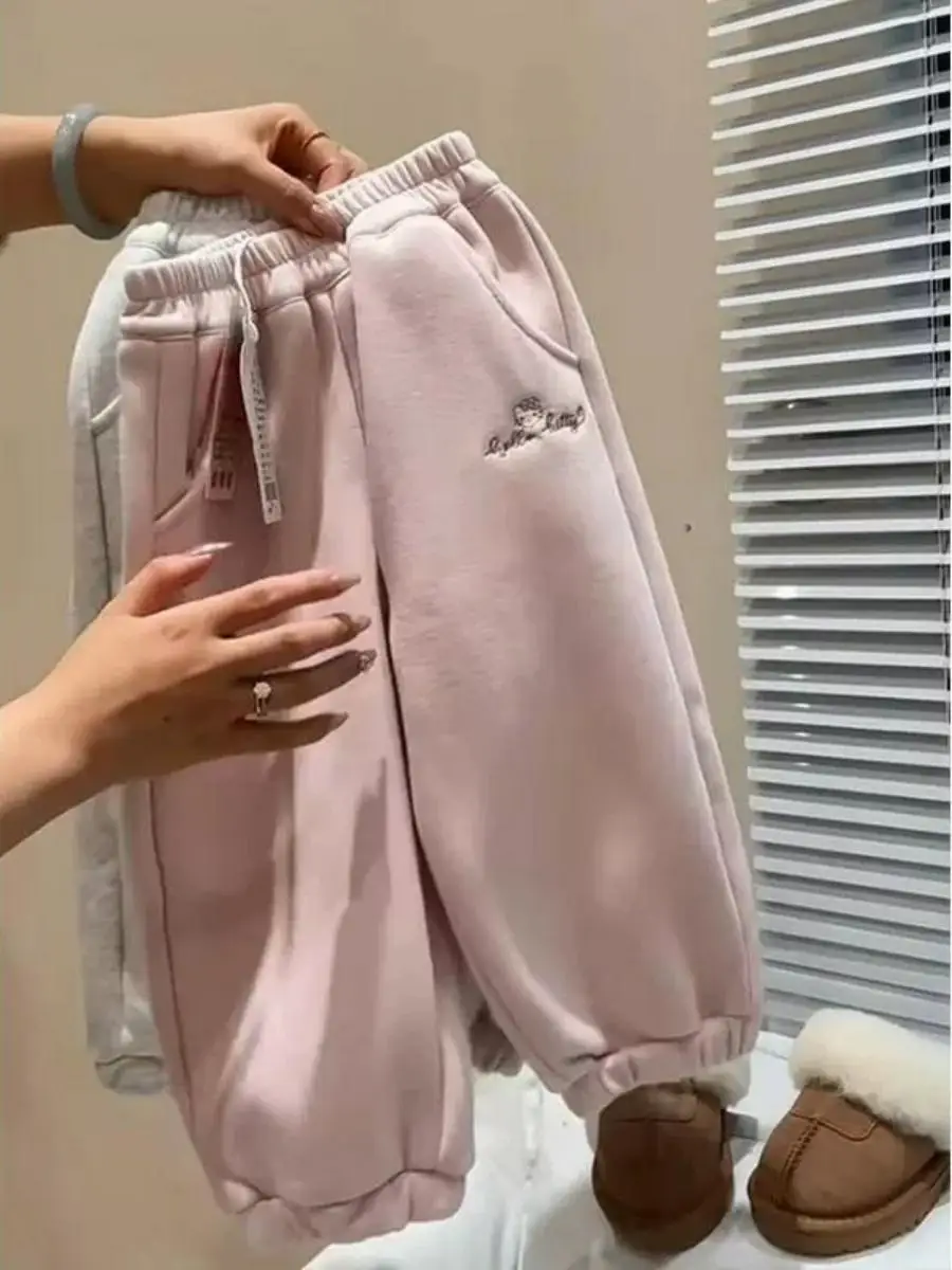 Pantaloni Foderati in Pile per Ragazze, Autunno Inverno, Alla Moda con Cartoni Animati, Pantaloni Caldi con Risvolto, Pantaloni Sportivi Foderati in Pile per Ragazze