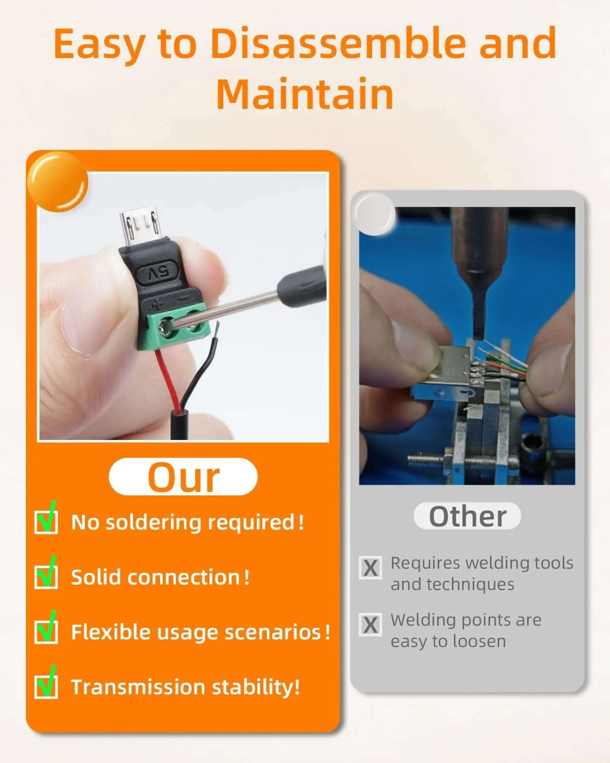 5PCS Micro USB Male to 2Pin Screw Terminal Adapter 5V Solderless Converter Connector for DIY, Repairment and Small Appliances - view 5