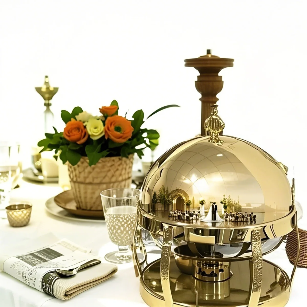 Stainless steel hot pot with elegant gold finish buffet, suitable for catering in hotel restaurants