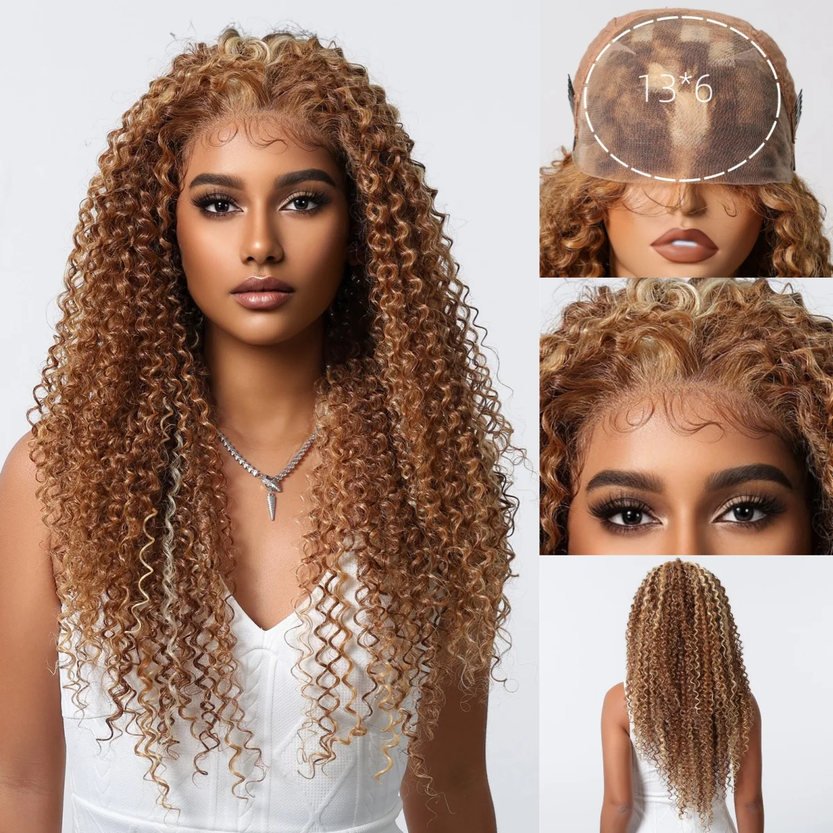 13*6 Lace Front Wig Synthetic 26 Inch Long Kinky Curly Brown Mixed Blond Wig Highlight Loose Deep Wave Wigs Heat Resistant Fiber