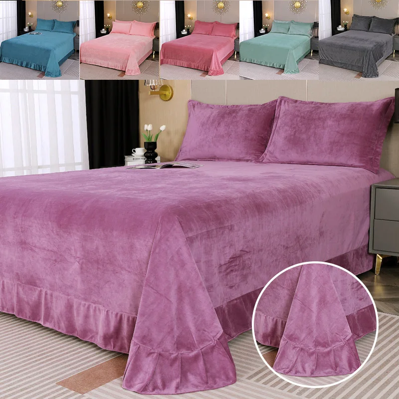 

Solid Color Milk Velvet Bed Sheet Winter Warm Thick Flannel Flat Bedsheet Sets Double Size Soft Plush Bedspread No Pillowcases