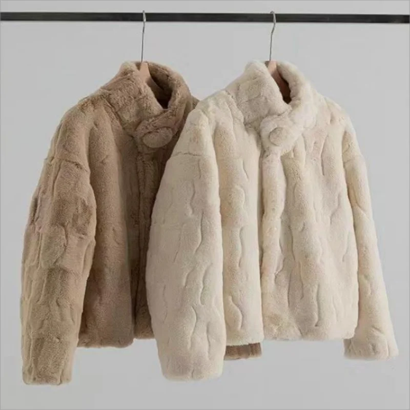 2024 Autumn/Winter Thickened Rex Rabbit Fur Grass Coat Standing Collar Imitation Lamb Hair Loose Mink Fleece Coat for Wom