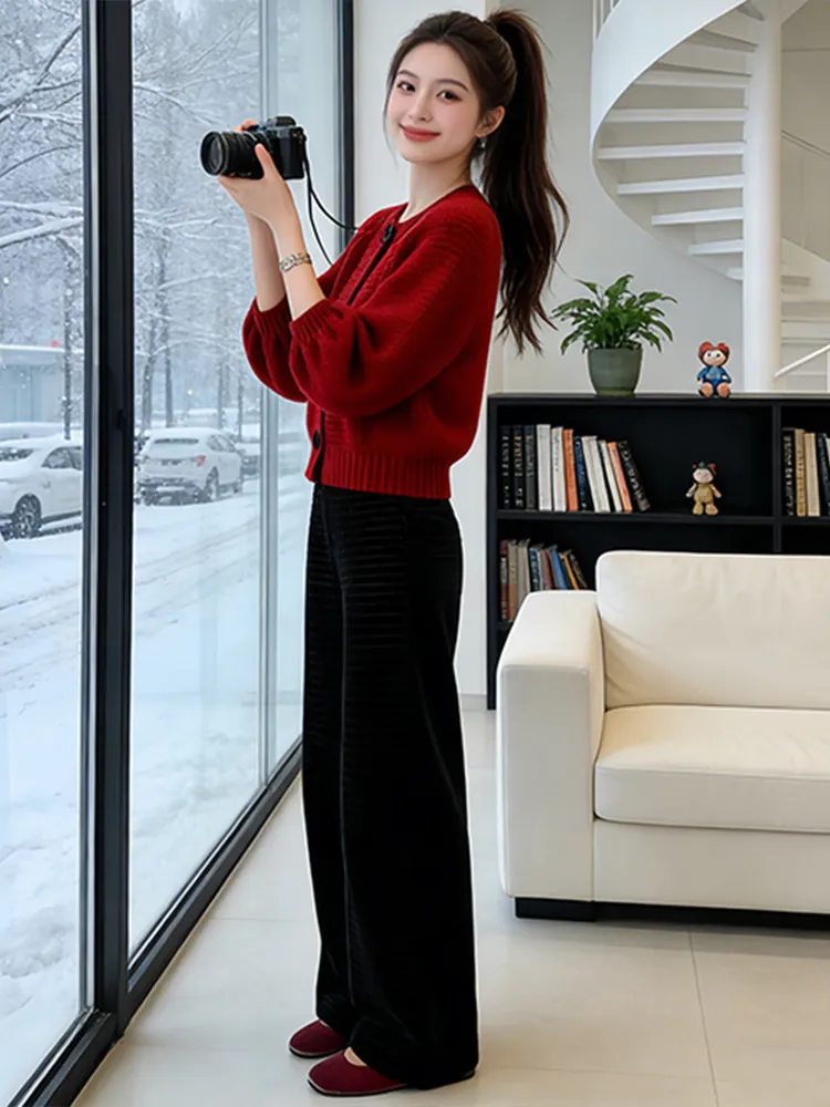 

Fashionable Knitted Cardigan Set Women's round Neck Bubble Sleeve Striped Wide Leg Pants Sweet Warm Casual Style Autumn Winter