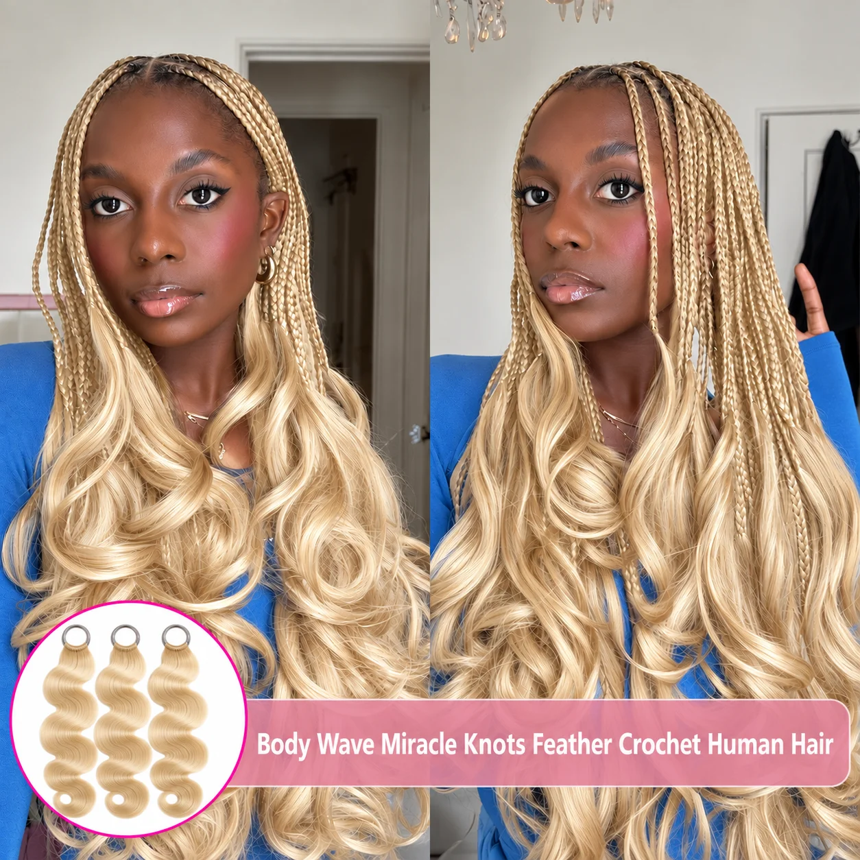 Cheveux humains à ondulations naturelles, couleur blonde 613, pré-séparés, nœuds invisibles, tresses sans nœuds, style bohème pour femmes.