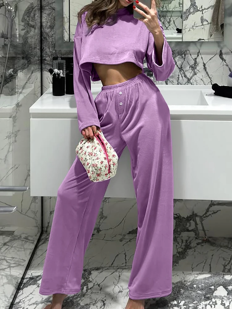 Hiloc Knitted Pajamas For Women 2 Piece Sets O Neck Long Sleeve Crop Top Casual Female Trouser Suits Purple Sleepwear Autumn