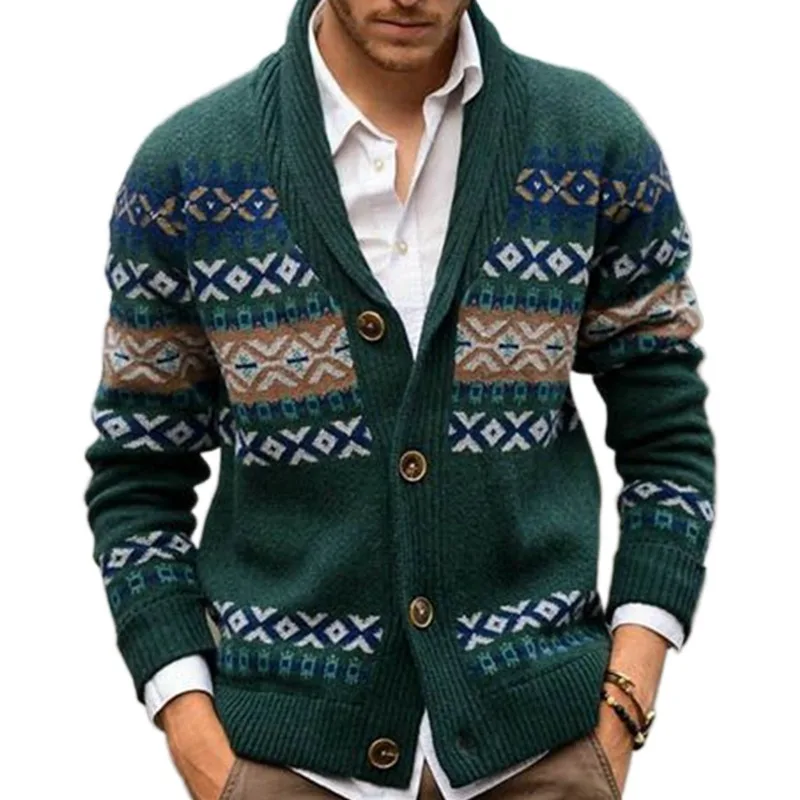 

Autumn Men's And Winter Knitted Cardigan Lapel Long Sleeved Jacquard Sweater Jacket Sy0129