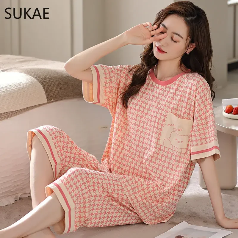 SUKAE M-5XL Woman's Pajama Set Summer Cool Modal Calf-length Sleepwear for Woman Girl Causal Houndstooth Pijama Female Homewear