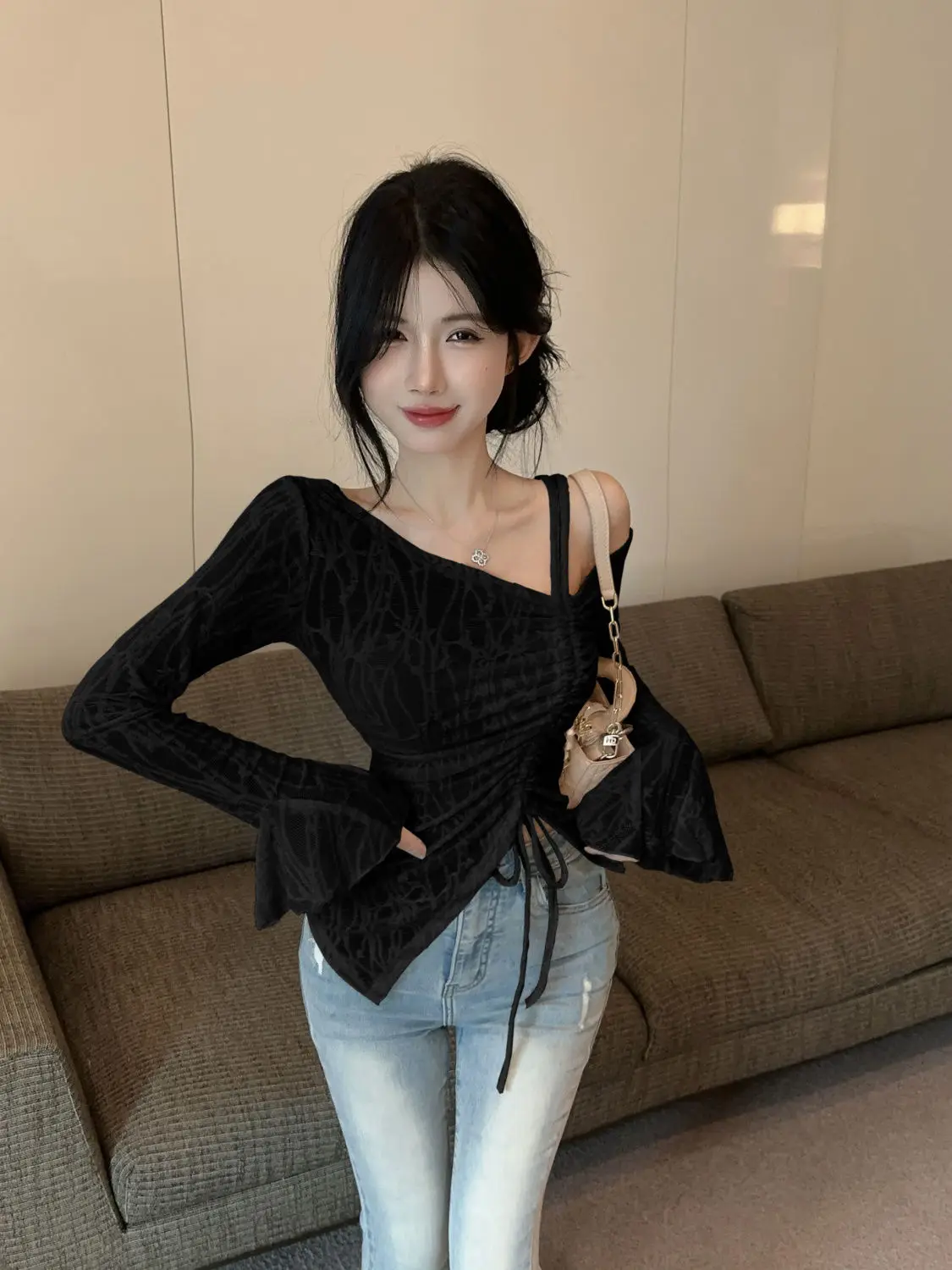 One Collar Off Shoulder Flared Sleeve Drawstring Lace Up Top for Women Internet Red French Hollow Lace Top