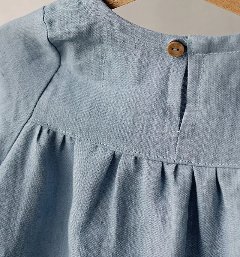 Summer Girls Round Neck Solid Color Pleated Cotton And Linen Dress New Loose Short-Sleeve Children\'s Dresses，TZ31