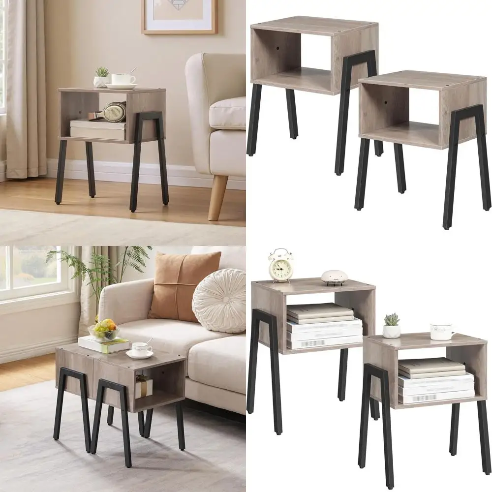 

Pair of Stackable Nightstands, Open Shelf Storage, Ideal for Small Spaces, Bedroom & Living Room, Greige and Black