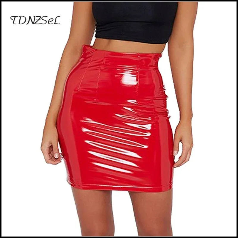 Women High Waist Faux Leather Mini Pencil Skirt Ladies Sexy Shiny PU Stretch Bodycon Short Skirts Nightclub Party Summer Custom