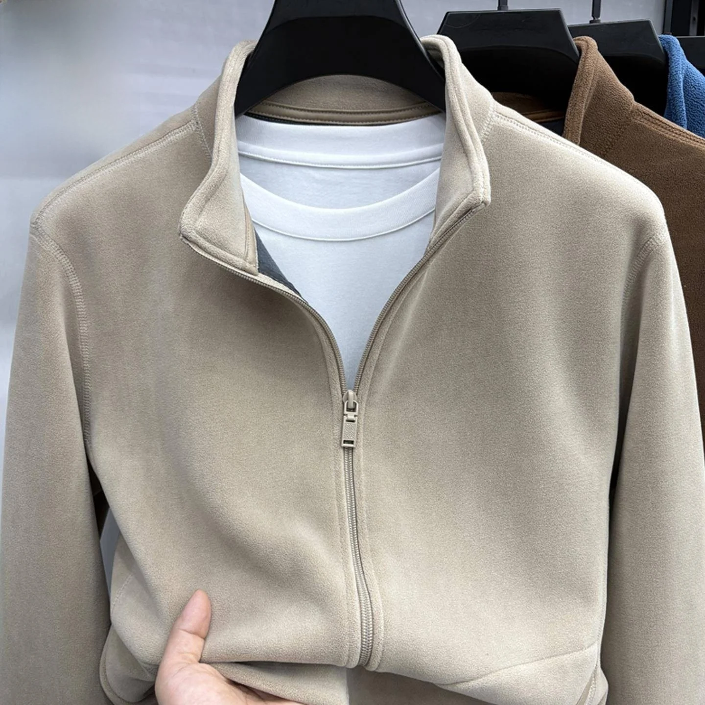 

Men's Thiened Fce Hoodie Zipper Stand Collar Warm Outerwear Cardigan Pure Color Long Sve Casual Sle Polyester Fiber