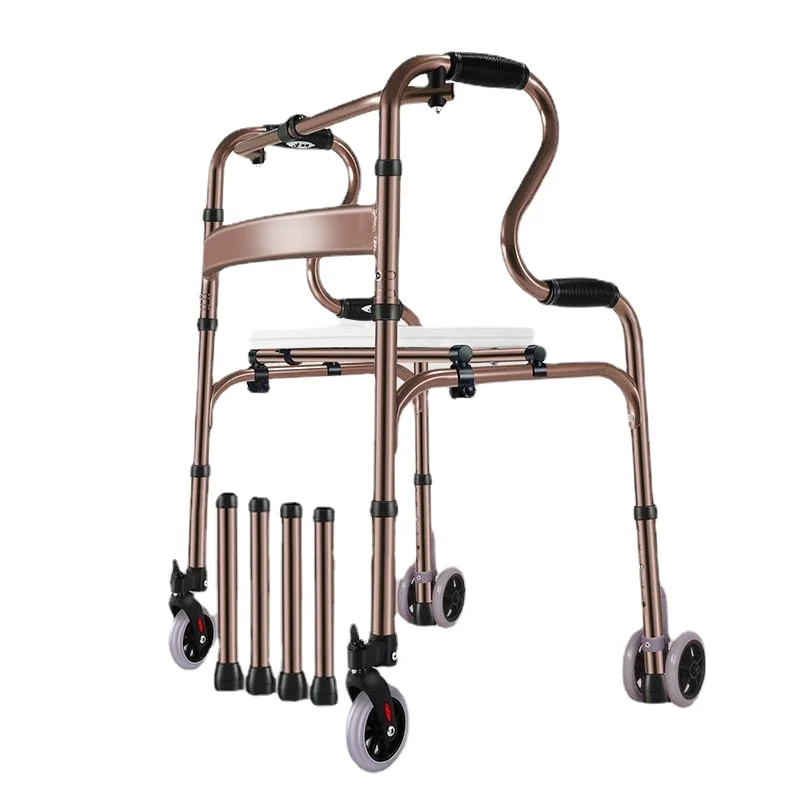 Elderly anti fall walking with wheels four legged ultra light handcart knee adjustable walking multifunctional learning walker