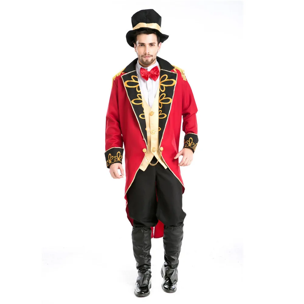 

Man Circus Ringmaster Costume Long Sleeve Tassels Tailcoat Jacket with Hat Gloves Halloween Cosplay Outfits