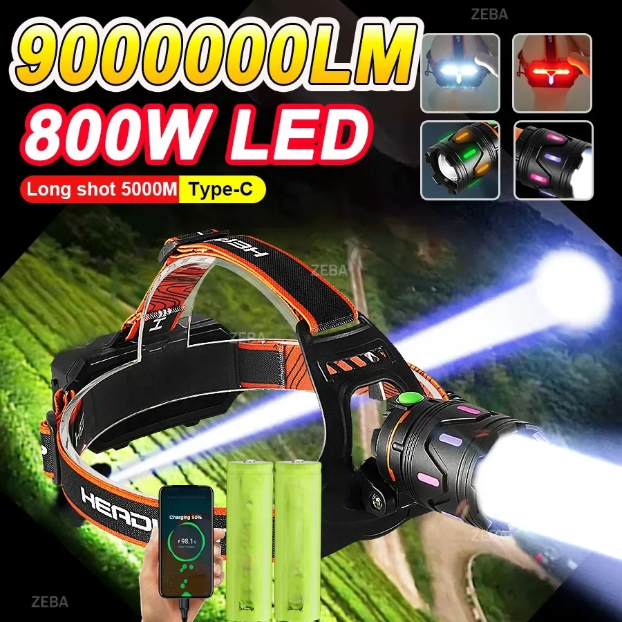 9000000LM High Power LED Headlamp Headlight 800W Most Powerful Head Torch Long Range 5000M Head Flashlight 18650 Fishing Lantern