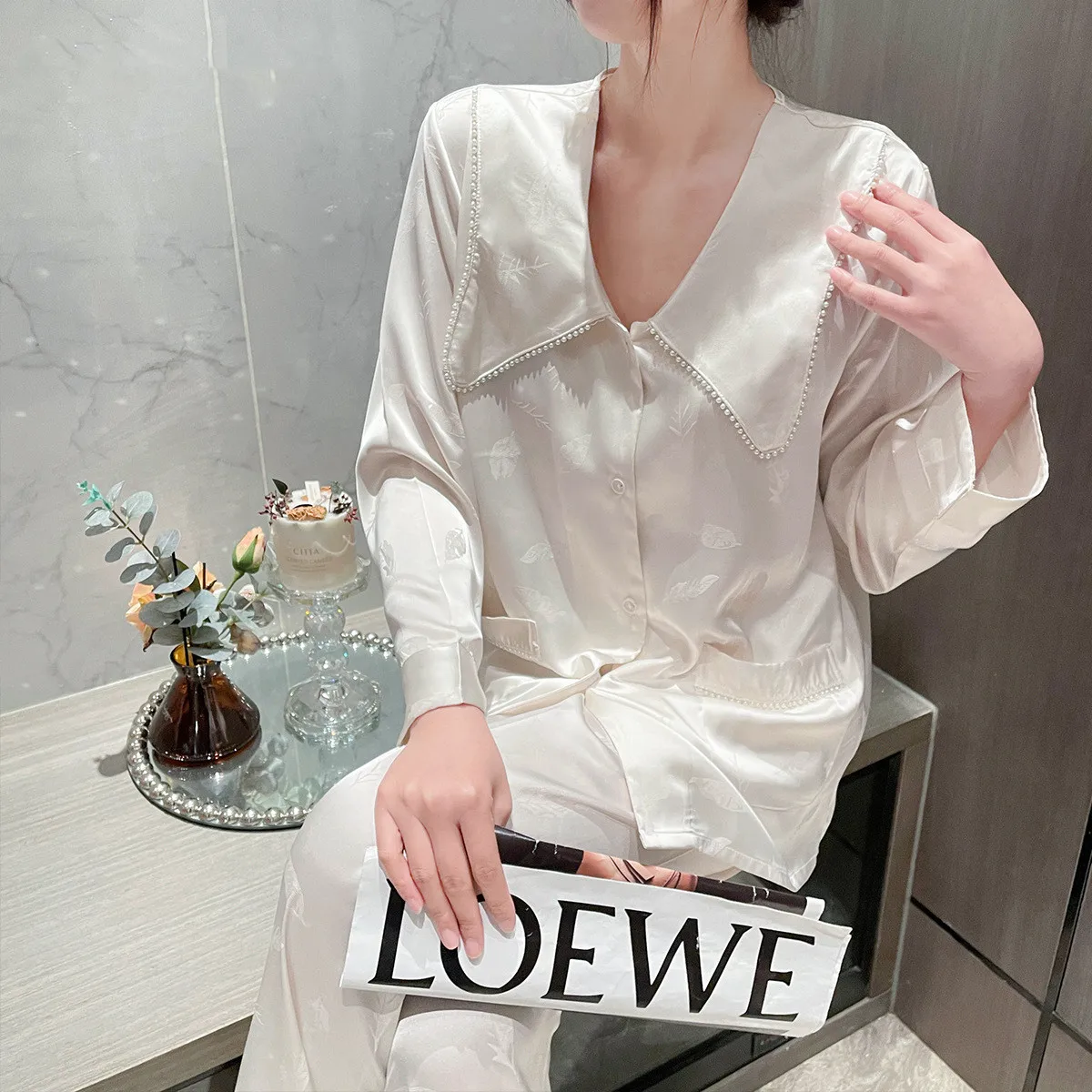 Women Pajamas Set Spring Sutumn Sleepwear 2PCS Princess Collar Shirt Trouser Sleep Suit Satin Home Wear