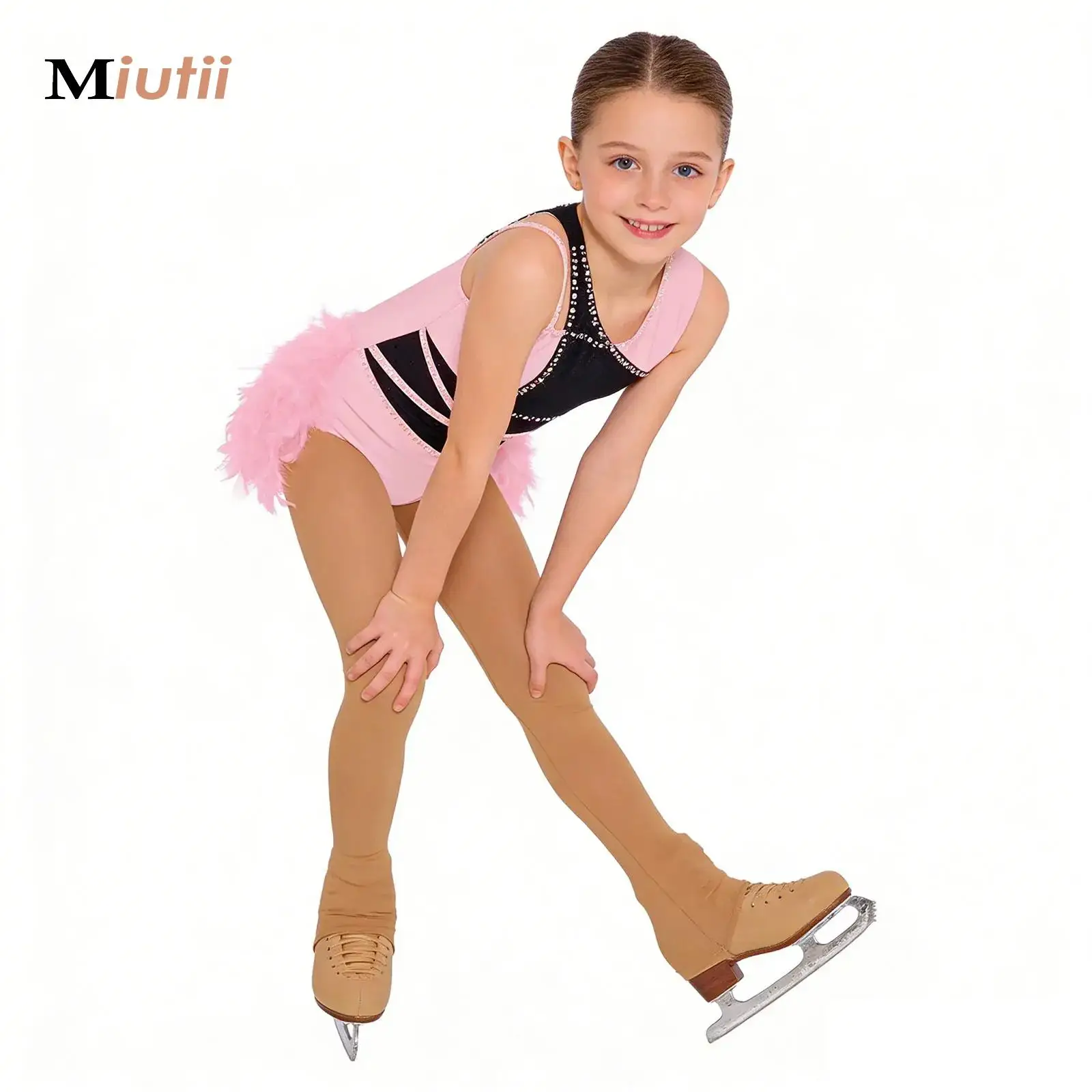 

Shiny Rhinestone Feather Latin Dance Body Tops Leotard for Kids Girls Color Block Bodysuit Artistic Figure Skating Tutu Dresses