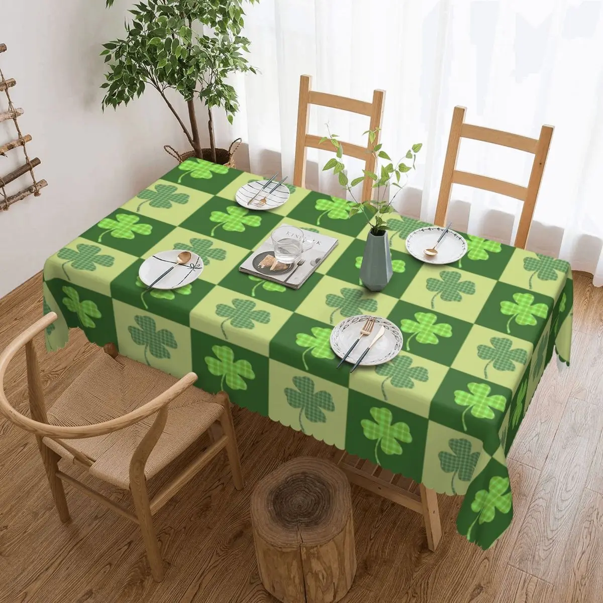 Custom Rectangular Waterproof Four Leaf Clover Checkerboard Shamrock Table Cover Blessing Lucky Saint Patrick Day Table Cloth