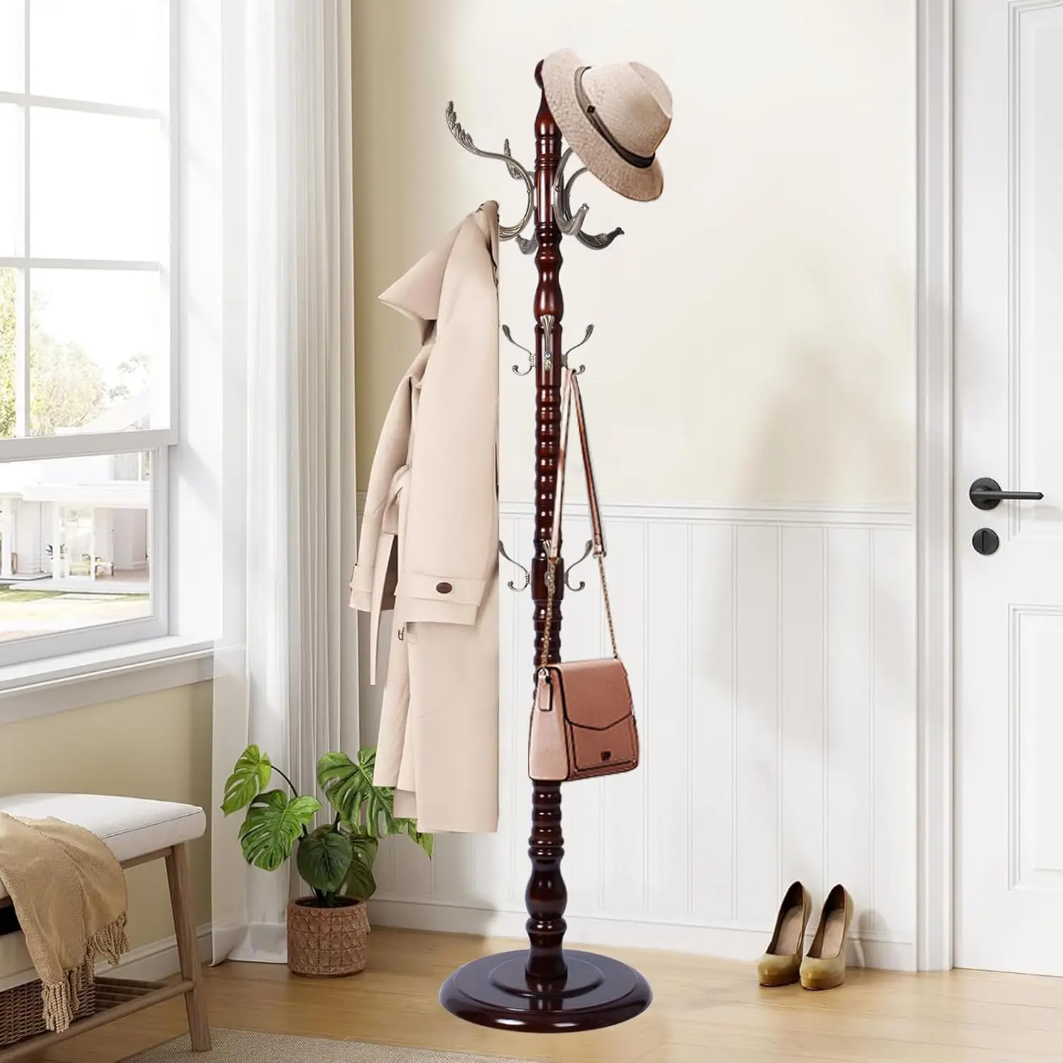 

Wooden coat rack stand, Heavy duty coat racks tree freestanding with 14 Hooks and Sturdy Round Base, Coat tree for jacke