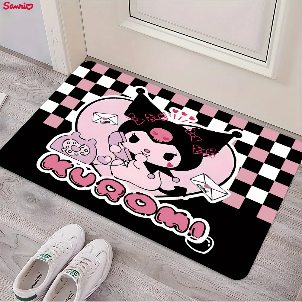 Alfombra de Entrada Kuromi a Cuadros, Rosa y Negra, Alfombra de Entrada Sanrio, Alfombra Antideslizante para la Entrada del Hogar